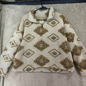 Thread & Supply Womens Medium Sweater Faux Sherpa Teddy Aztec Print Mock Neck